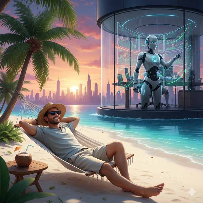 Man resting on beach and robot trades for him