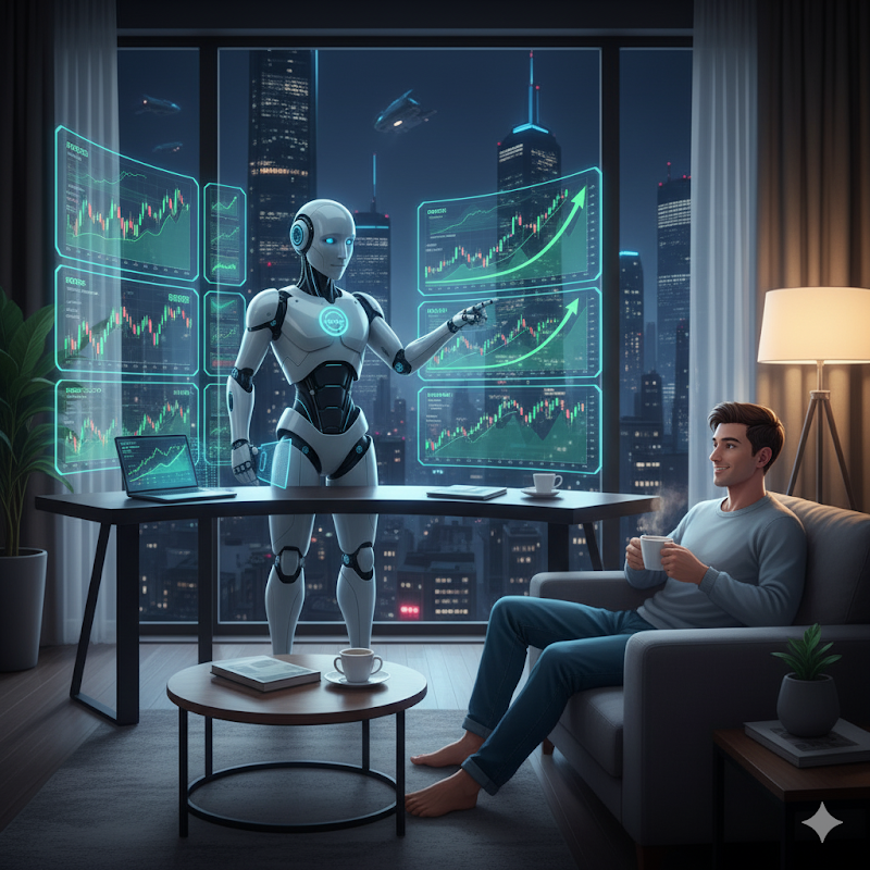 Algo Bot - Man resting while ai trades for him